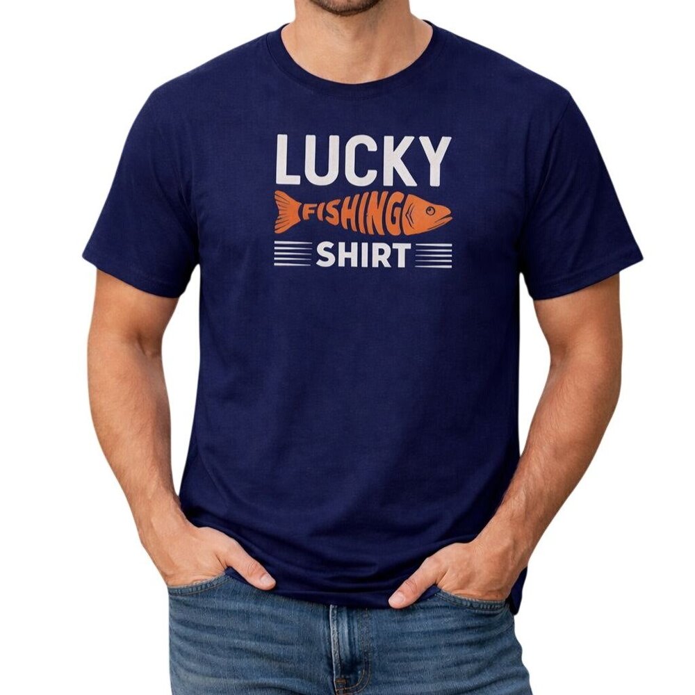 Lucky Fishing Mens Graphic T Shirt 2XL Navy Blue Crew Neck Cotton Blend